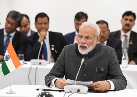 <p>Osaka: Prime Minister Narendra Modi addresses at the BRICS Meeting, on the sidelines of the G-20 Summit, in Osaka, Japan on June 28, 2019.</p>
