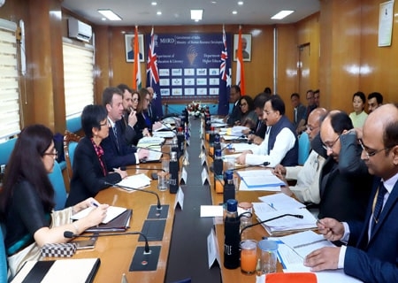 <p>New Delhi: Union Human Resource Development Minister Ramesh Pokhriyal ‘Nishank’ and Australian Education Minister Dan Tehan at the Bilateral Education Ministers Meeting, in New…