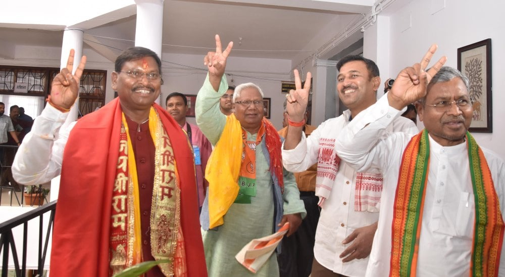 <p>Union Agriculture and Tribal Affairs Minister Arjun Munda along with Jharkhand State BJP President Babulal Marandi, Senior BJP Leader Karia Munda and All Jharkhand Students Union…