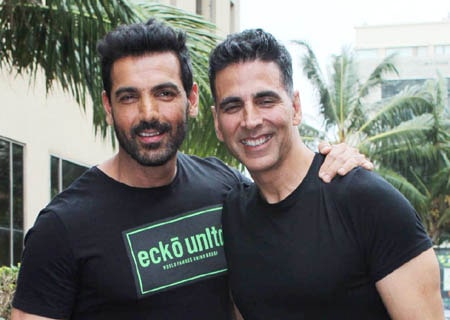 <p>Mumbai: Actors Akshay Kumar and John Abraham during the joint promotions of their upcoming films 'mission mangal' and 'batla house' respectively, in Mumbai on Aug…
