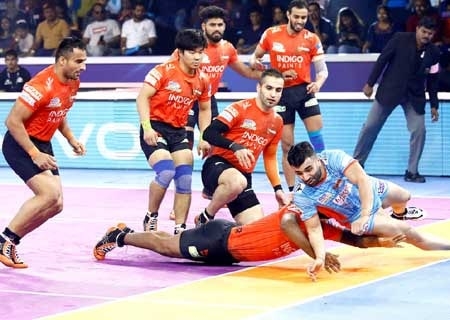 <p>Ahmedabad: Players in action during Pro Kabaddi Season 7 2nd Semi Final match between Bengal Warriors and U Mumba at the EKA Arena by TransStadia in Ahmedabad on Oct 16, 2019. </p>…