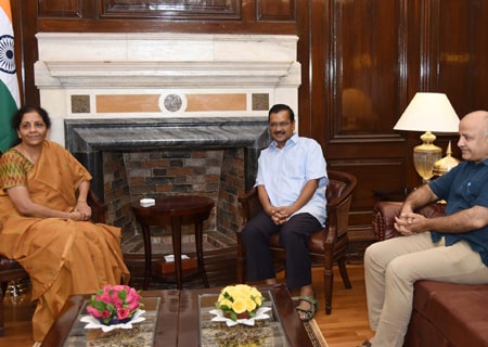 <p>New Delhi: Delhi Chief Minister Arvind Kejriwal and Deputy Chief Minister Manish Sisodia meet Union Finance and Corporate Affairs Minister Nirmala Sitharaman, in New Delhi on June…