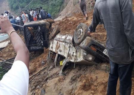 <p>Itanagar: Vehicles damaged in a landslide that occurred along NH-415, between the Gohpur-Tinali trijunction and the police headquarters, in Itanagar on July 17, 2019.</p>
