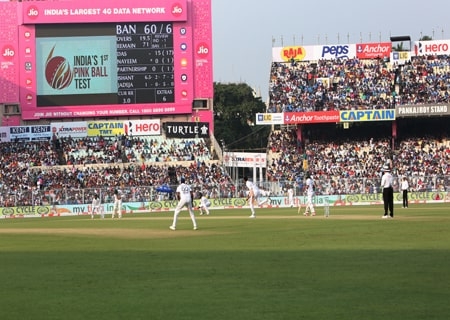 <p>The 2nd Test match between India and Bangladesh underway at the Eden Gardens in Kolkata on Nov 22, 2019. This is India and Bangladesh's first pink ball Day-Night Test match. </p>…