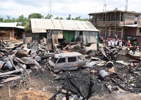 <p>Imphal: The site where multiple shops were gutted after a fire broke out at Mayang Imphal market, on June 25, 2019. Manipur Chief Minister N. Biren Singh today visited the site…