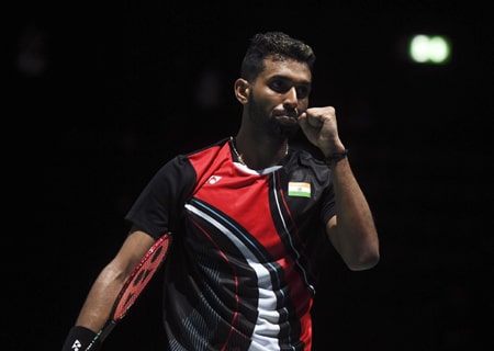 <p>Basel: India's H. S. Prannoy celebrates during the men's singles 2nd round match against China's Lin Dan at the BWF World Championships 2019 in Basel, Switzerland, Aug.…